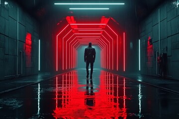 Silhouette of a man walking through a neon lit tunnel evoking a futuristic sci fi atmosphere with bold red and blue lighting and reflective wet surfaces