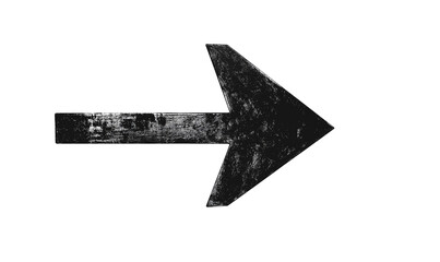 A bold, distressed black arrow pointing to the right, isolated on a white background, perfect for minimalistic or directional signage designs with a vintage, textured aesthetic