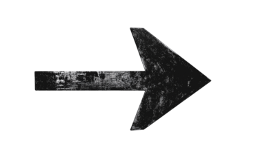 A bold, distressed black arrow pointing to the right, isolated on a white background, perfect for minimalistic or directional signage designs with a vintage, textured aesthetic