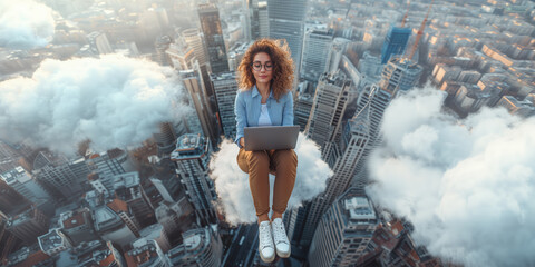 A young businesswoman sits on a cloud high above the city, working on her laptop, symbolizing remote work, creativity, and modern cloud computing. The image blends fantasy with urban technology