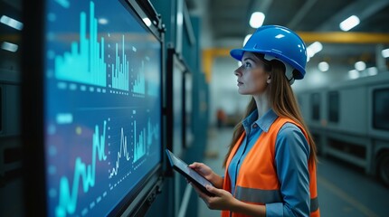 Female Engineer in orange safety vest Analyzing Data on a Large Screen
