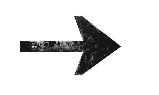 A bold, distressed black arrow pointing to the right, isolated on a white background, perfect for minimalistic or directional signage designs with a vintage, textured aesthetic