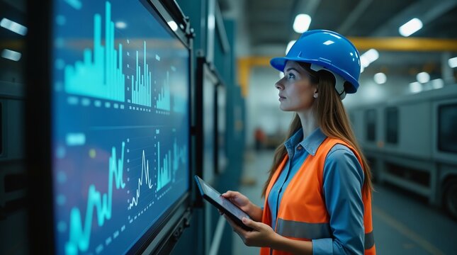 Female Engineer in orange safety vest Analyzing Data on a Large Screen