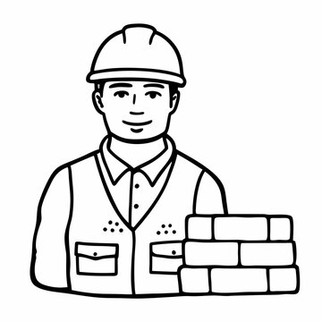 recommend clip art: Construction Worker Icon with Bricks Vector Line Art Illustration