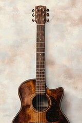 Fototapeta premium Elegant Close-Up Acoustic Guitar with Warm Wooden Tones on Textured Background - Musical Harmony and Craftsmanship Concept