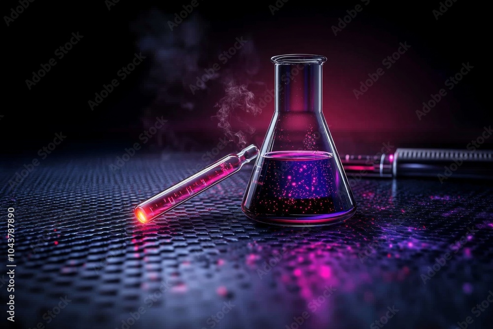 Poster Magical experiment in a fantasy lab, where glowing elements and mythical creatures interact with scientific tools in the pursuit of knowledge
