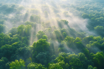 Aerial view of the misty sunrise in the forest, with sun rays breaking through the clouds and mountains in the background, creating a fantasy landscape. Ai generative