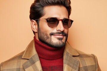 Fototapeta premium Stylish man in a brown plaid suit and sunglasses stands confidently against a soft beige background blending vintage sophistication with modern street style
