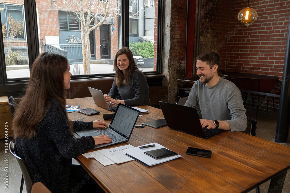 Poster teams collaborate in a cozy workspace while working on laptops during the day