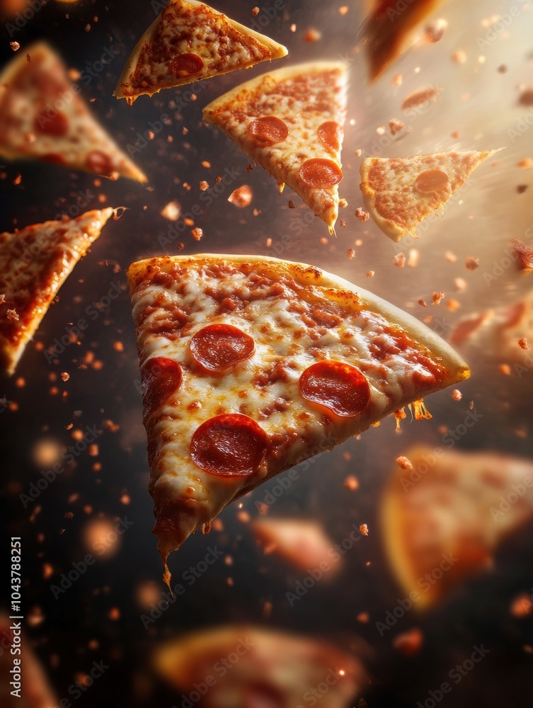 Poster Pepperoni pizza slices float dynamically against a dark backdrop, creating an energetic composition perfect for promotional content. Generative AI