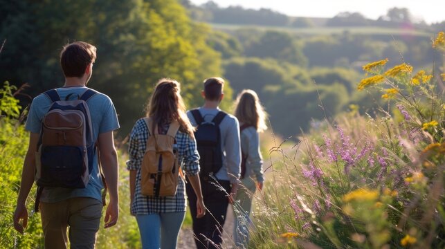A group of friends walk along a path backs facing the camera as they share lighthearted conversation and take in the scenic . .