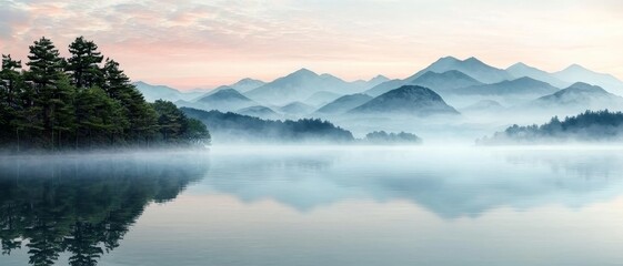 Fototapeta premium Tranquil Mountain Lake Reflection - Serene Water Landscape with Misty Mountain Range at Dawn, Peaceful Natural Scene for Travel and Relaxation