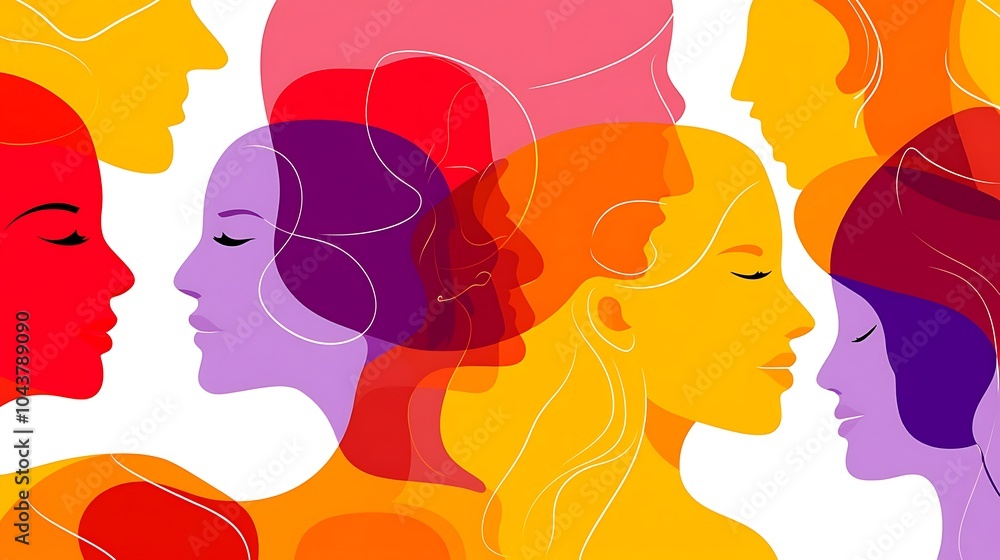 Poster colorful silhouettes of people's faces in profile, overlapping and creating abstract shapes.