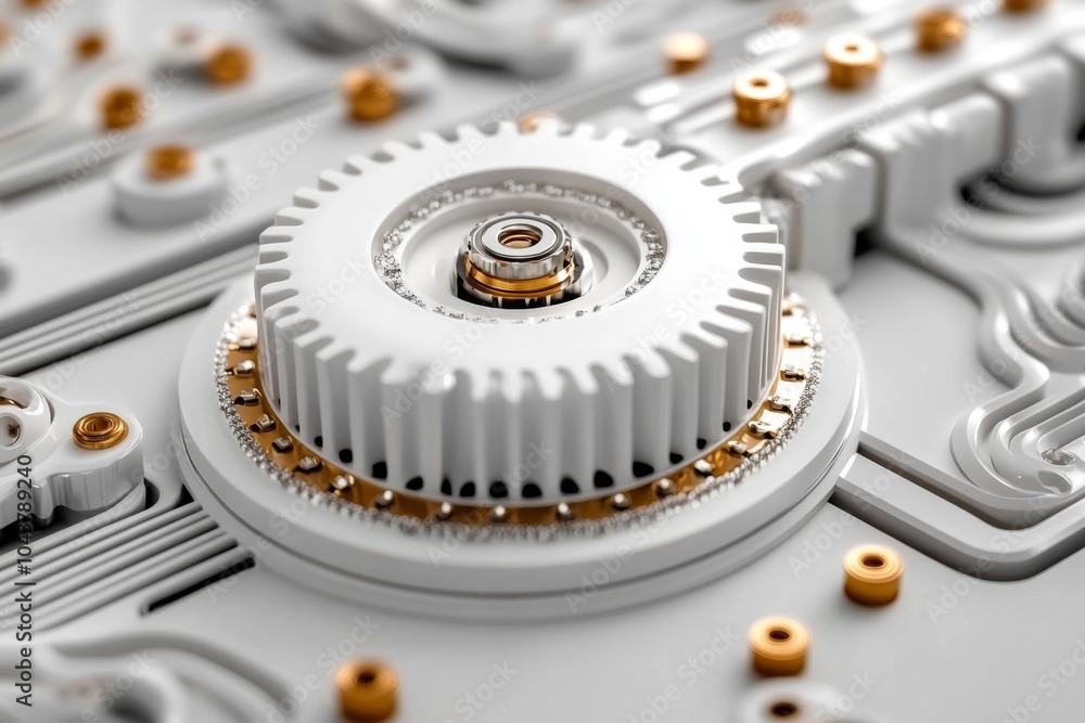 Poster minimalist depiction of a conveyor belt and machine components, using clean lines and geometric form