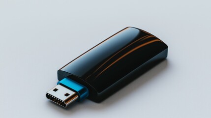 Sleek Black USB Drive on White Surface - Modern Data Storage Concept with Minimalist Design and Soft Lighting