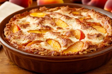 Delicious Peach Cobbler with Golden Flaky Crust on Ceramic Dish - Homely Dessert for Food Blogs and Recipes