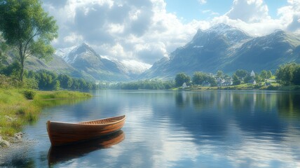 Obraz premium Boat on the lake and mountains landscape