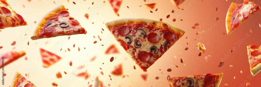 Poster colorful pizza slices soar diagonally, adding a lively touch to the atmosphere, perfect for conveyin