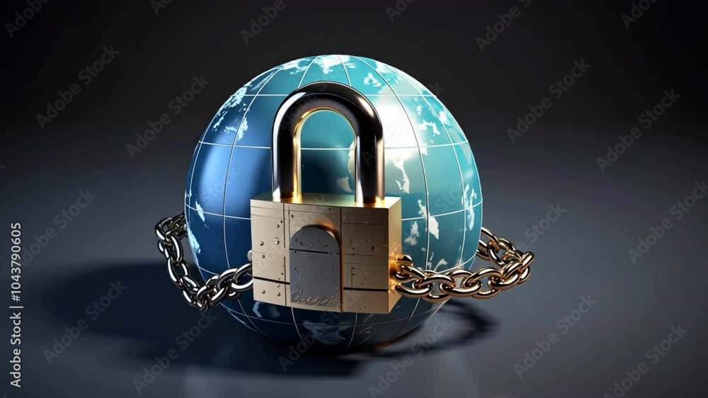 Poster Global Cyber Security: A Secure World.  A digital globe is encircled by a sturdy chain and secured with a gleaming padlock, symbolizing robust protection in the digital age.