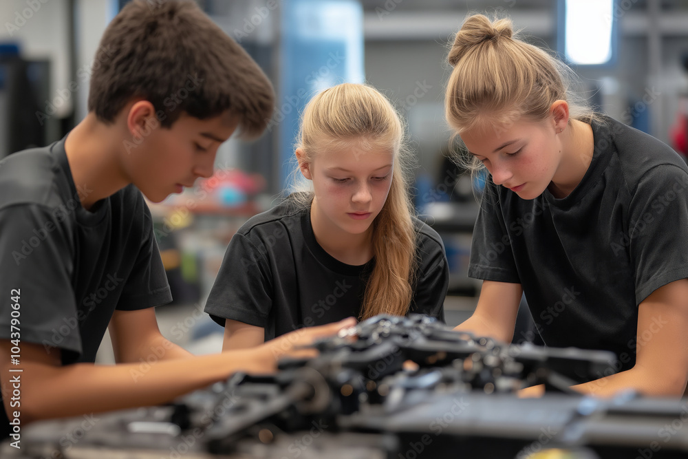 Aufkleber three students collaborate on a robotics project in a workshop during afternoon hours