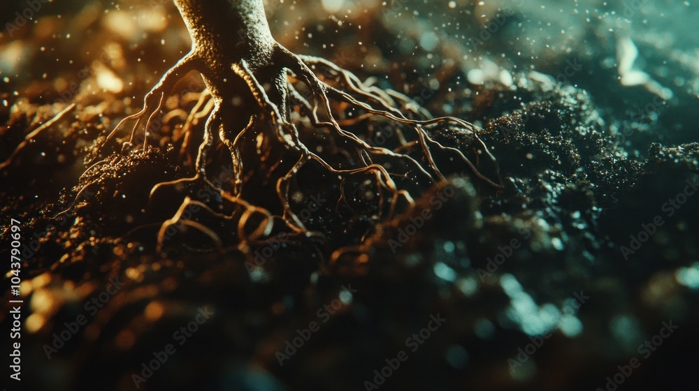 Poster close-up of tree roots in soil with sunlight and bokeh effect.