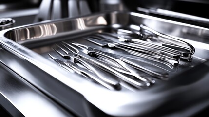 Closeup of a stainless steel tray containing various surgical instruments.