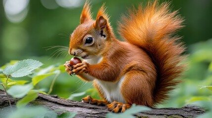 Obraz premium A squirrel holding a nut on a tree branch.
