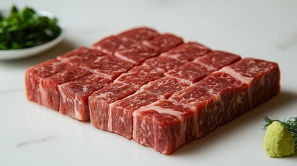 Fototapeta premium closeup of beautifully marbled beef on a pristine white background showcasing the rich texture and color variations that highlight its quality and freshness