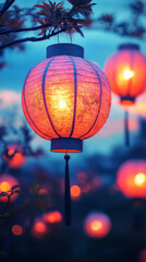 Fototapeta premium beautiful illuminated chinese lantern hanging on tree glowing at night