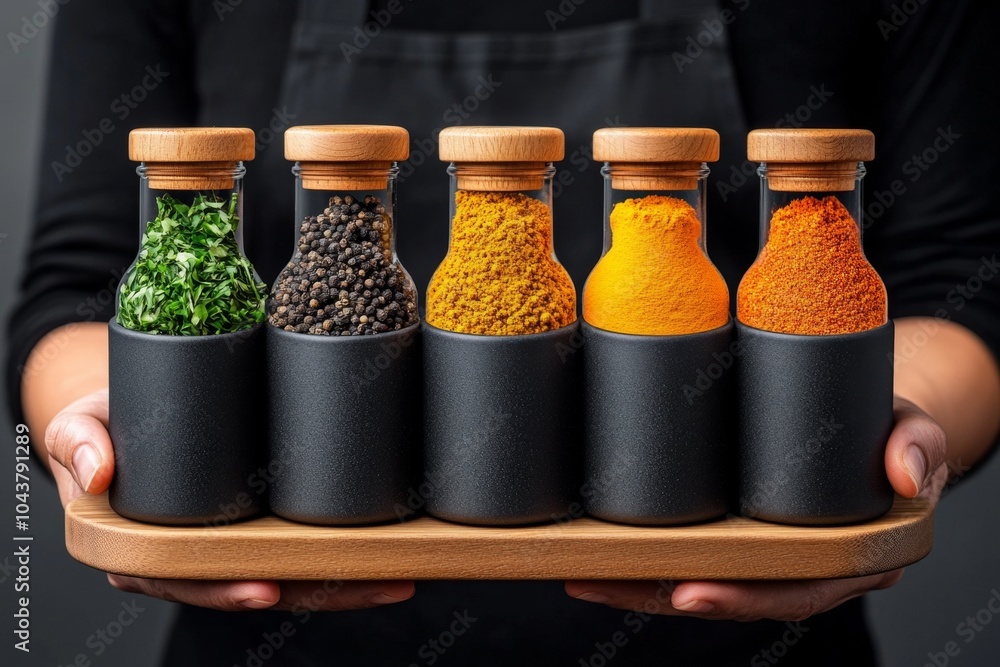 Poster Minimalist spice jar design, with a single color representing each spice, creating a clean, simple layout