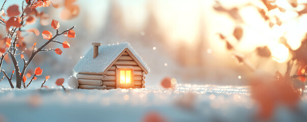 Obraz premium Tiny log cabin, winter scene, snowcovered trees, firelight glowing, 3D illustration