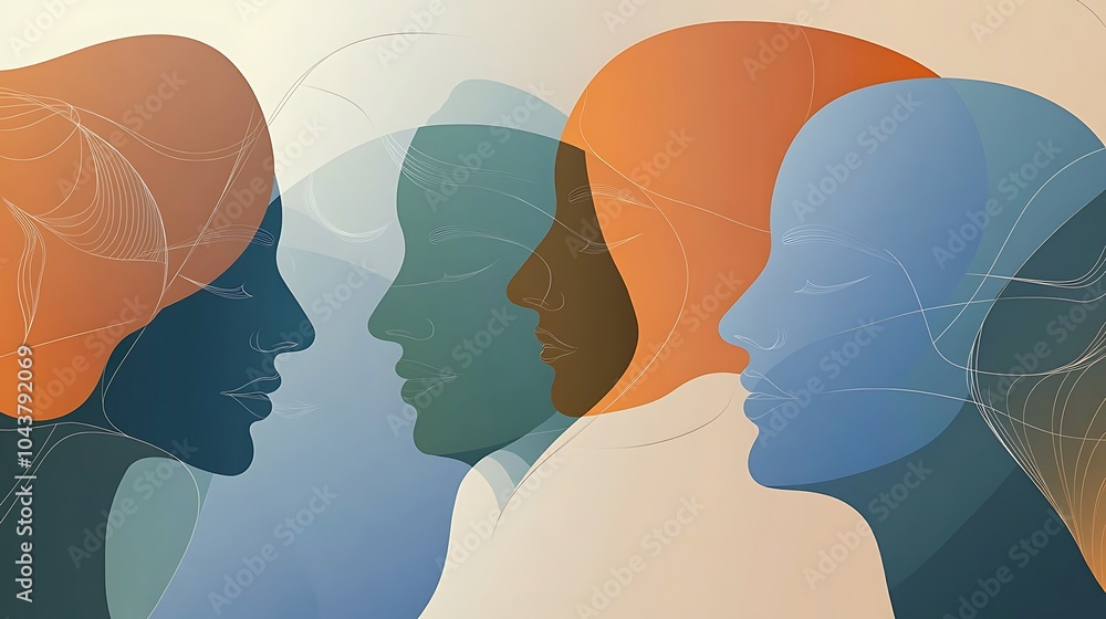 Poster Four abstract faces of different colors facing each other, symbolizing diversity and unity.