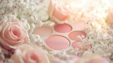 Fototapeta premium Close-up of a rosy makeup palette set against a backdrop of delicate pale roses and baby breath, softly lit to enhance its romantic feel.