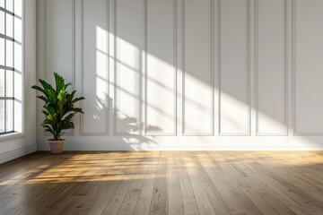 Obraz premium Serene Minimalist Interior Space with Sunlit Wainscot Wall and Wooden Floor, Neutral Elegance for Design Inspiration