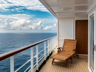 Serene Ocean Retreat Wooden Lounger on Ship Balcony with Vast Blue View, Relaxation Concept