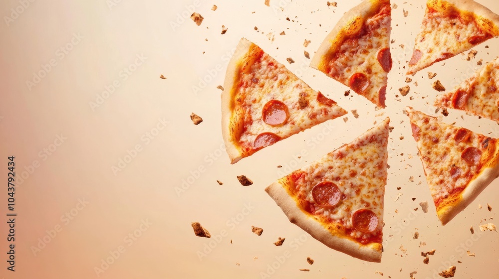 Fototapete slices of pizza fly diagonally across a vibrant background, creating a fun and dynamic composition f