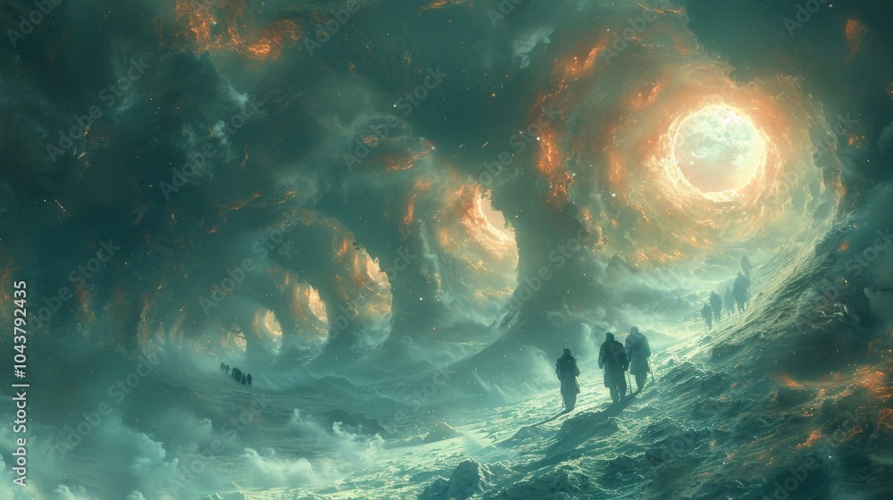 Poster a scifi scene depicting a group of explorers walking through a series of portals each one taking the