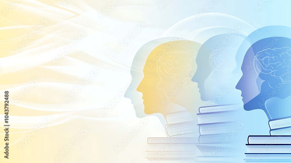 Poster Four translucent human heads in profile with visible brains, stacked on books, against a background of flowing waves.