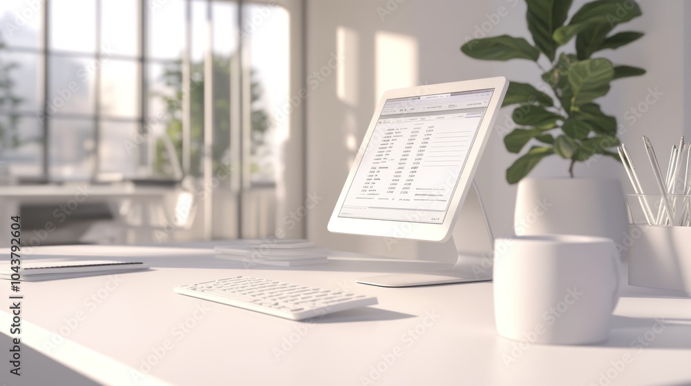 Sticker A modern workspace with a computer, keyboard, and plants for a productive environment.