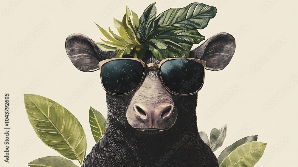 Poster Cool Cow with Sunglasses and Tropical Leaves.