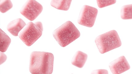 Flying Bubblegum Pieces on White Background. Freshness and Cleanliness Concept