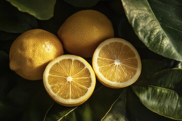 Zesty Lemon Slices and Leaves Composition on White Background