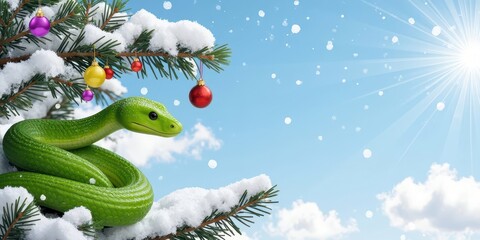 Symbol of Happy New Year 2025 green snake in Santa Claus hat sitting on a Christmas tree against the winter Christmas background. Christmas card 2025. Banner with a copy space.