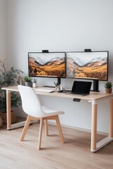 Minimalist Workspace Elegance Symmetrical Desk Setup with Dual Monitors and Greenery Balanced by White Chair. Clean, Modern Office Concept for Productive Work Environment