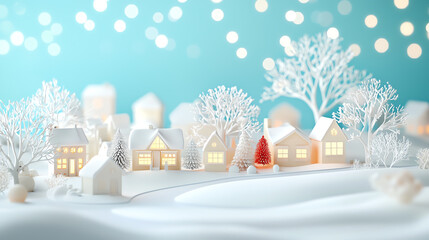 Miniature winter village, frosted windows, snowcovered streets, 3D illustration