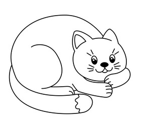 Cute cat lying down - vector linear picture for children's coloring. Outline. Kitten, children's drawing for coloring