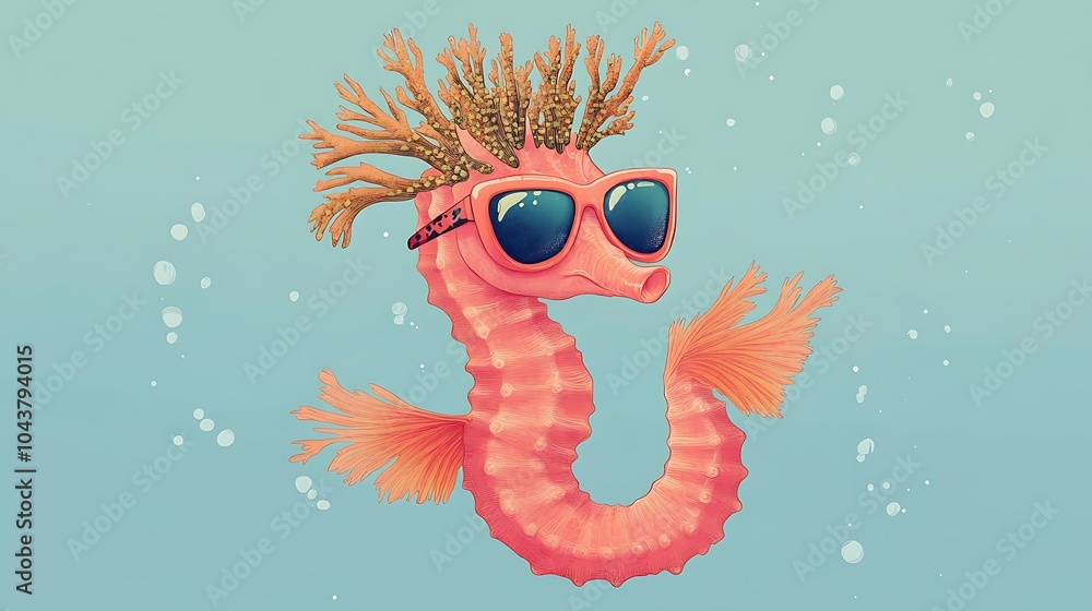 Canvas Prints Seahorse with Coral Hair and Sunglasses.