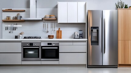 Fototapeta premium Modern Kitchen Interior Design with Integrated Appliances: Sleek White Cabinets, Stainless Steel Fixtures, Minimalist Layout – Ideal for Contemporary Home, Apartment, or Architectural Visualization