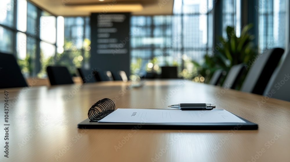 Aufkleber closeup of a neatly arranged notepad and pen, placed on the table in a spacious, empty meeting room