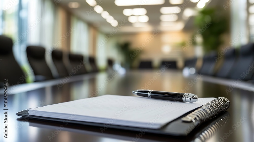 Poster closeup of a neatly arranged notepad and pen, placed on the table in a spacious, empty meeting room